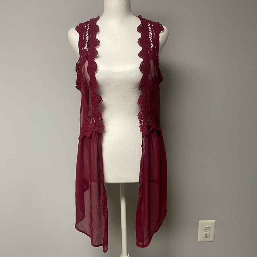 Belledujour Womens Sze Large Sheer Mesh Wine Crochet Lace Wimsigoth Vest